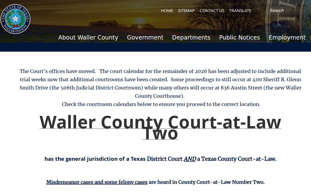Waller County Court at Law No. 2 official jurisdiction and location notice
