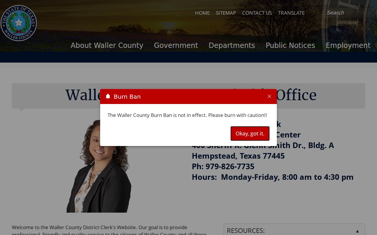 Waller County District Clerk page with criminal case access information