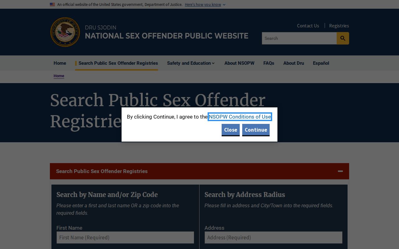 United States Department of Justice NSOPW public registry search interface