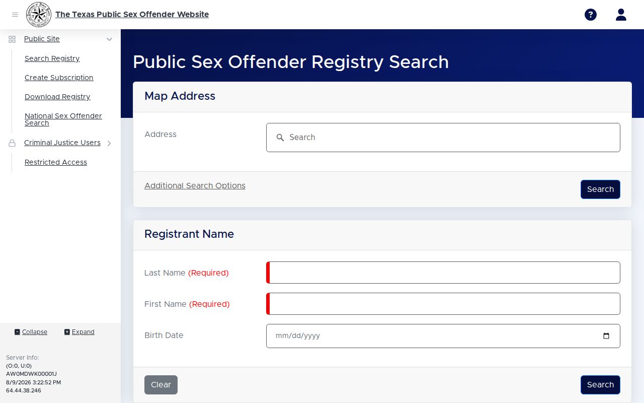 Texas Public Sex Offender Registry search form for a Waller County check