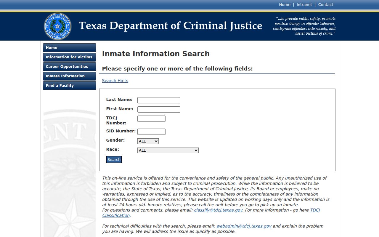 TDCJ inmate search for Waller County criminal custody records