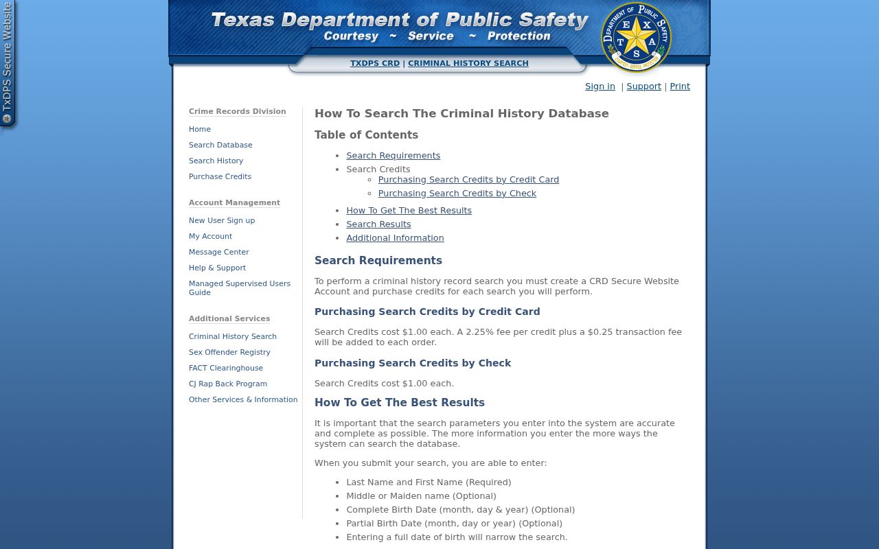 Texas DPS CCH search credit instructions for Waller County criminal history