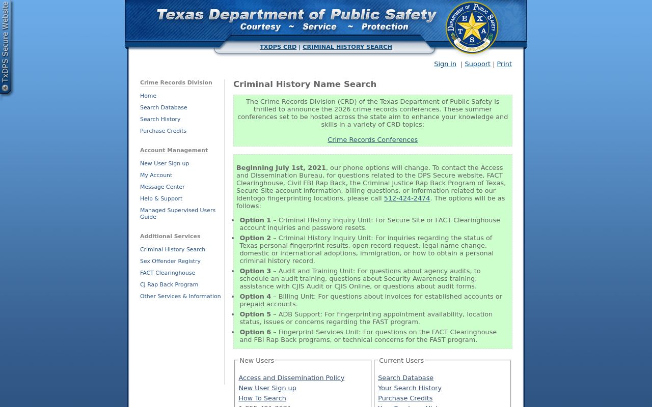 Texas DPS public CCH search for Waller County criminal history